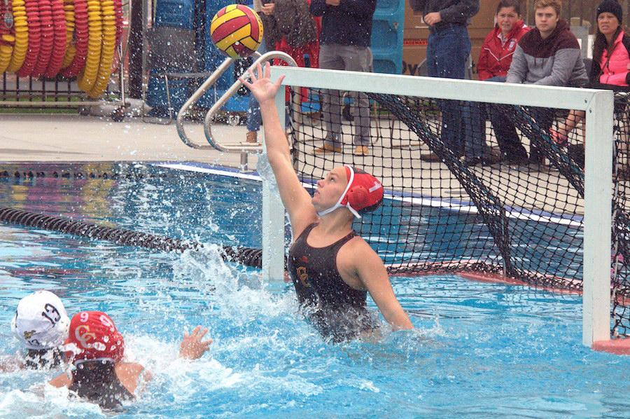 Hannah Edwards '17 blocks an attempted shot in a recent game. She will attend Hartwick College in the fall on a water polo scholarship.