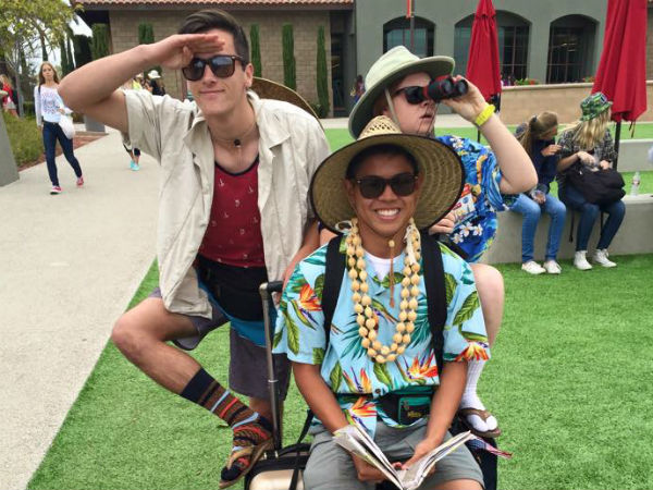 (from left to right) Seniors Justin Haupt, Chris Nagma, and Paige Haley dressed up for Tuesdays Tourist Day.
