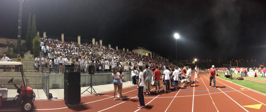 Panorama of the lively student section at the Holy Bowl. Go Dons!
