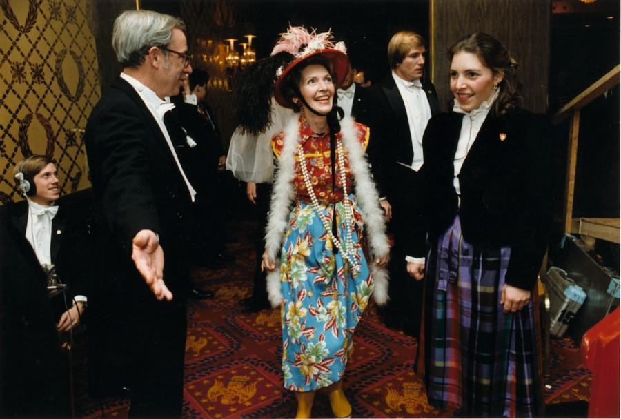 First Lady Nancy Reagan parades in her Second-Hand Clothes disguise for the Gridiron Club Annual Dinner, Washington, DC, in March, 1982. 
