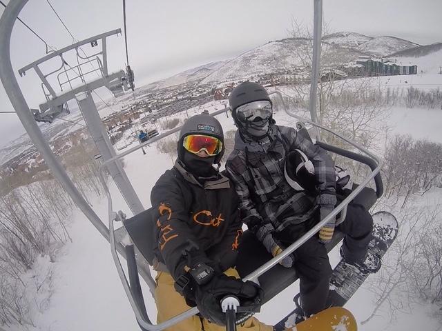 Incoming CCHS students Adam LeClair 20 (left) and Vincent Willyard 20 ride a ski lift to the top of a mountain at The Canyons Ski Resort in Park City, Utah. Recommended ski safety gear includes helmets, goggles and insulated ski wear.