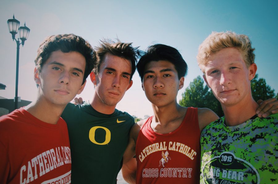 Runners Joaquin Martinez 18, Hank Tadeusiak 17, Dylan Gallego 17, and Daniel Robinson 17 pose for a pre-practice close up. 