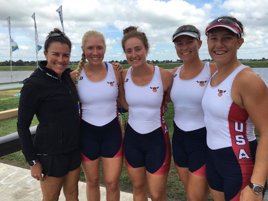 Jenna Van de Grift rows to victory in the 2016 World Rowing Championships.
