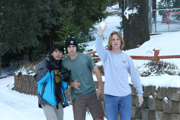 Southern California celebrates a taste of winter, and Dylan Gallego 17, Liam Cavanaugh 17, and Eric Dohl 17 dare to throw the snow bare handed.