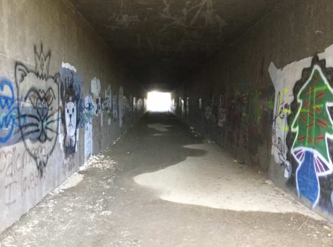 Located behind the junior lot and containing offensive phrases, this vandalized tunnel leads into Gonzalez Canyon, 900 square miles of open space and trails. 
