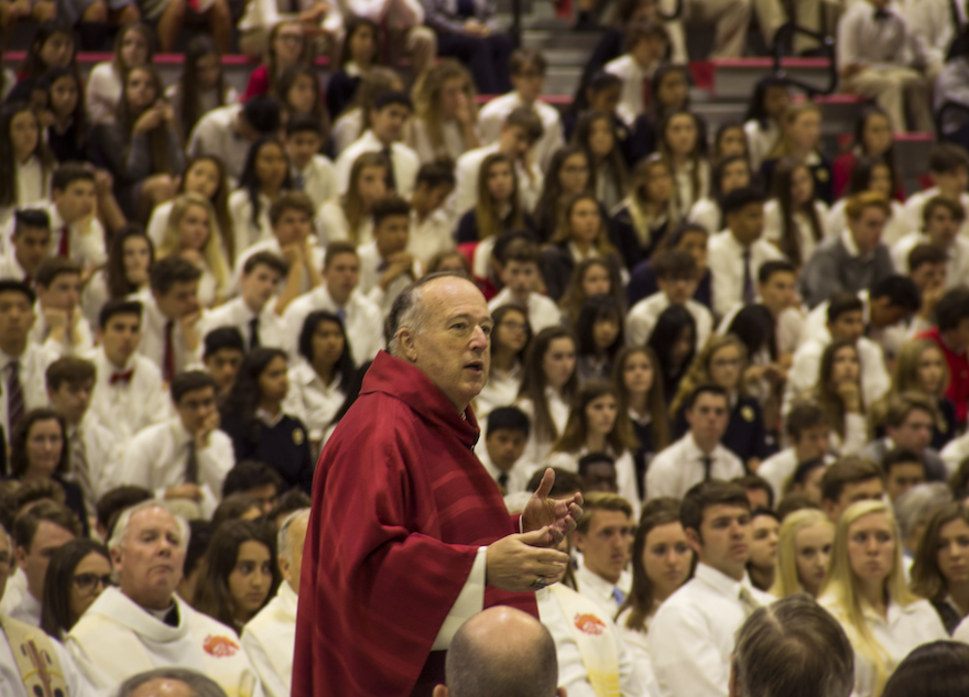 Bishop Robert McElroy leads the Cathedral Catholic High School community in the celebration of St. Polycarp Mass. 
