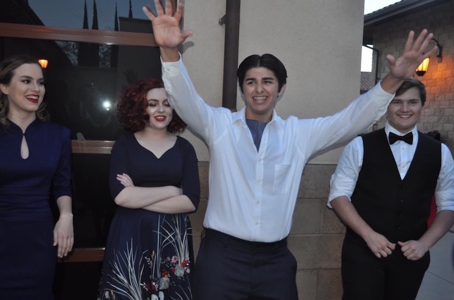 In celebration of the final showing of Anything Goes, the spring musical  for the Cathedral Catholic drama program, Nicholas Garcia 18 fires up  the cast and crew with dancing and warming up as part of the theater tradition. 