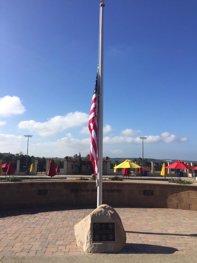 The American flag in the For God and Country Plaza flies at half mast in mourning of the Las Vegas shooting.