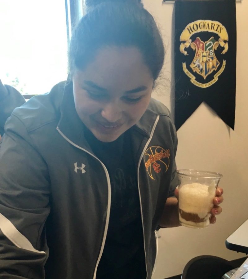 Rachel Carillo 19 enjoys her rendition of the infamous butterbeer during a Harry Potter Club meeting. 
