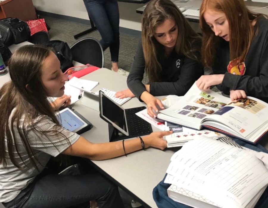 Members of the CCHS yearbook staff work together to create a new theme for the 2018-2019 yearbook.