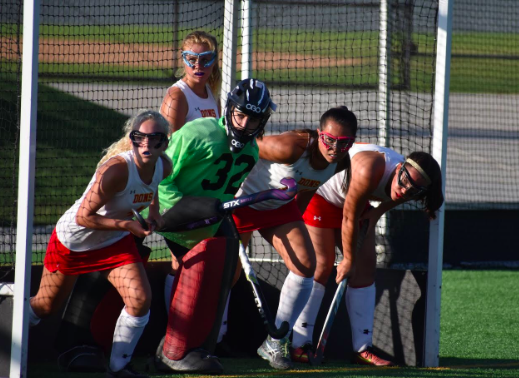 Caitlin Woodmansee ‘21 , Sara Vechinski ‘20, Ashley Hammond ‘21,
Devin Gaasch ‘19, and Angelina Hicks ‘20 (left to right) line up for a short corner penalty against the Poway Titans. 