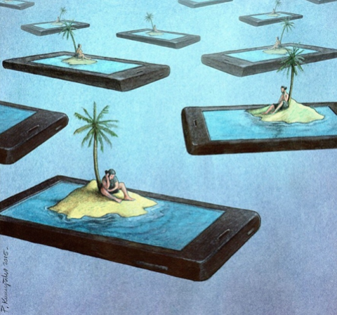 Artist Pawel Kuczynski exhibits a satirical depiction of social media’s contribution to society’s lack of physical interaction. Studies reveal 24 percent of teens acknowledge using their devices almost constantly. 