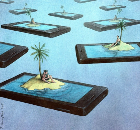 Artist Pawel Kuczynski exhibits a satirical depiction of social media’s contribution to society’s lack of physical interaction. Studies reveal 24 percent of teens acknowledge using their devices "almost constantly." 