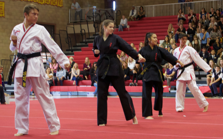 Cathedral Catholic High School Taekwondo Club founders perform during Dons Day for visiting eighth graders.