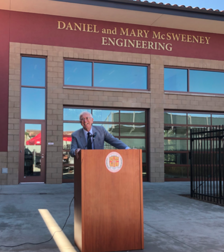 Speaking in front of an audience of approximately 25 people, Mr. Daniel McSweeney explains his motivation behind donating money to build a new engineering building at Cathedral Catholic High School, saying it is ...better to leave your impact while still alive. The event attracted local dignitaries, politicians, family members, constructions workers, and CCHS adminstrators, including San Diego Director of Community Outreach Stevan Hadley, who attended on behalf of councilwoman Barbara Bry. 
