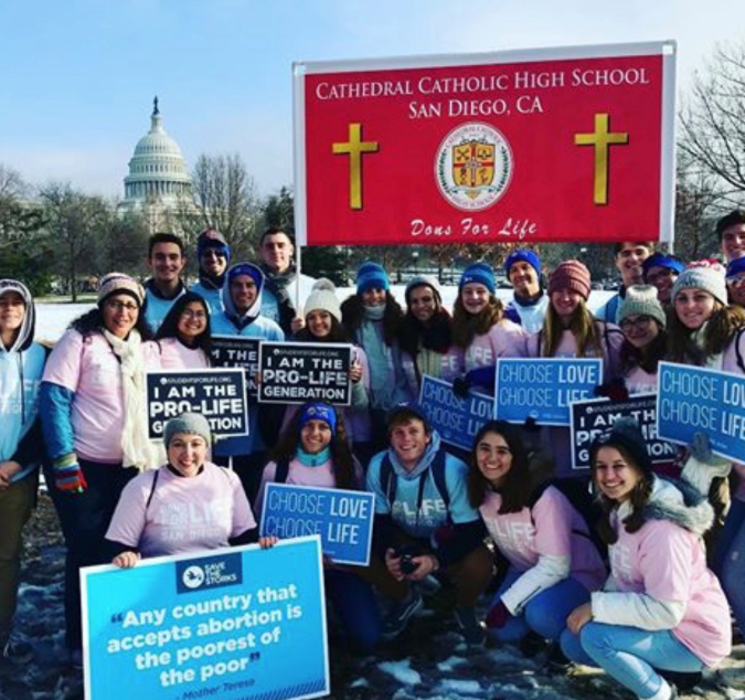 Dons for Life, Cathedral Catholic High School’s pro life club, poses in front of the Capitol during their recent trip to Washington D.C. for the annual March for Life. 