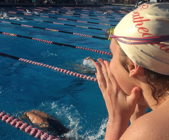 Excited for the first meet of the season, Katy Rhodes ‘19 cheers on her teammate last Friday at La Jolla High School during the Western Relays, a meet composed entirely of relays, and it marks the unofficial start to the Dons’ swim season. 
