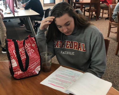 Stressing about her first period world history exam, Ava Burger ‘21 studies her notes after a challenging morning workout, similar to other CCHS student athletes who search for the time to study and balance sports.
