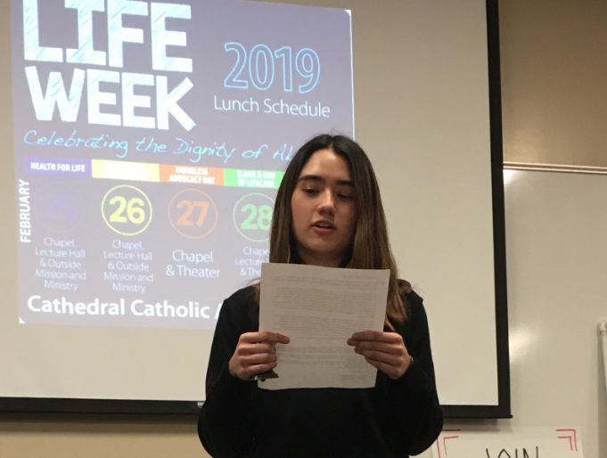 Dons for Life club member Veronica Edwards ‘19 leads an opening prayer and introduces upcoming speakers during the first day of Life Week 2019 in the Lecture Hall. Monday’s theme was Health for Life, and CCHS welcomed Dr. George Delgado, founder of the abortion pill rescue and the Culture of Life family health care center, to speak to approximately 90 students.