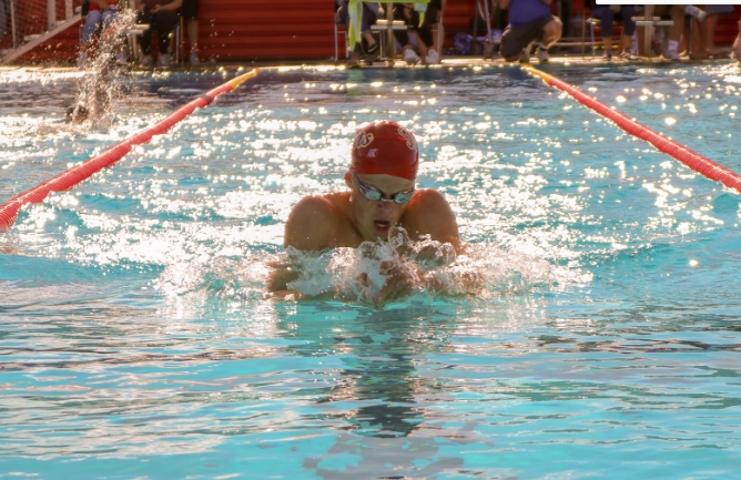 Cathedral Catholic High School swimmer Will Goldey ‘20 completes the breaststroke portion of his 200 IM race last Friday against Saint Augustine High School. Goldey won the race, which contributed to the teams overall win versus Saints for boys and girls. The team looks exceptionally strong this season, and it feels confident it will succeed at CIF.