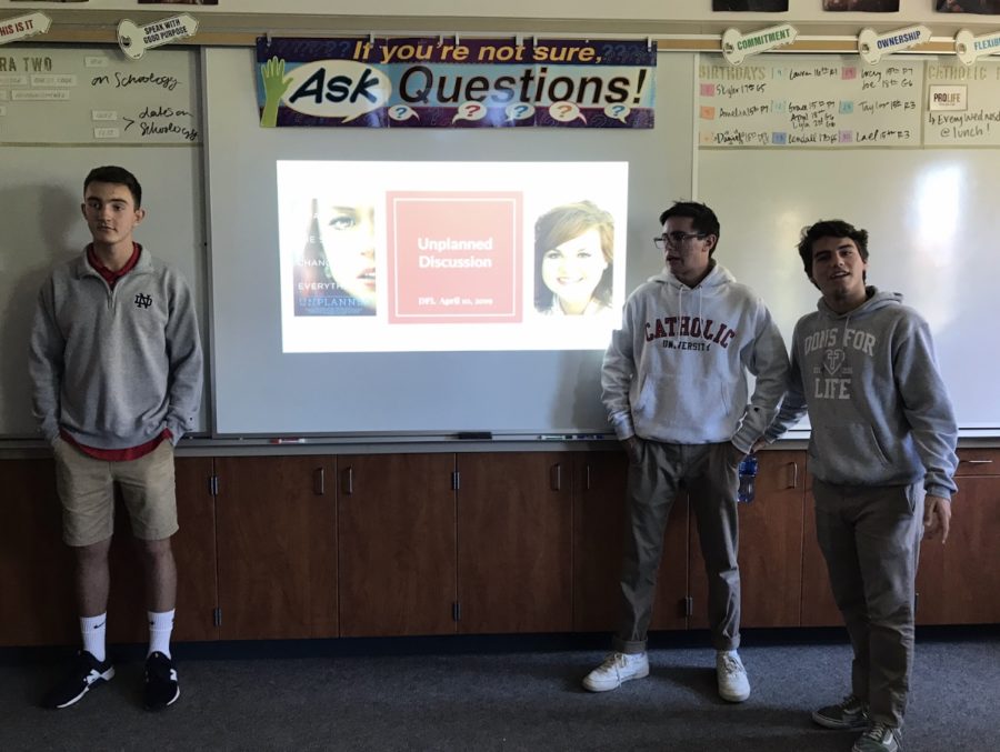 Cathedral Catholic High School students Ben Nash ‘19, Daniel Pronko ‘19, and Johnny Teixeira ‘19, leaders of the Dons for Life Club, led the club members in a discussion about the new Unplanned movie, which sheds light on the pro-life movement and the secrets of the abortion industry. 