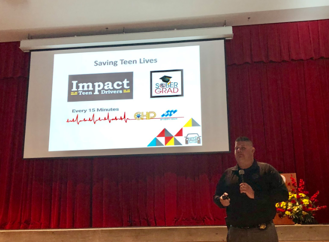 Officer Jake Sanchez, a public information officer for the California Highway Patrol, speaks Monday during the Start Smart meeting, an educational program designed to keep teenage drivers safe.


