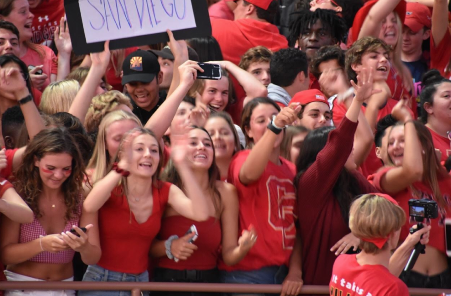 Cathedral Catholics Student Section Los Locos cheers on the varsity football team last Friday at Manchester Stadium. Los Locos is now headed by the Class of 2020 and continue to carry on the tradition of a energetic, supportive student section. 