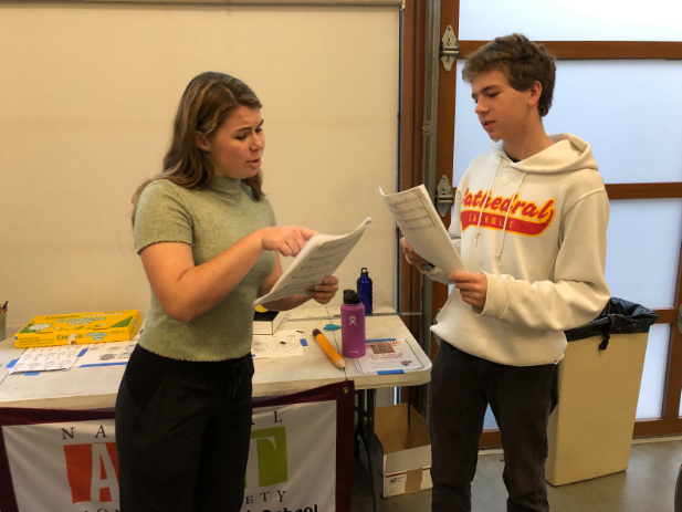 The Cathedral Catholic High School drama department held callbacks for the winter musical, Tuck Everlasting, and spring musical, The Addams Family, in order to assign roles. Gigi Mudwilder ‘21 and Anthony Graf ‘22 practice scenes to prepare for their call back for The Addams Family. 