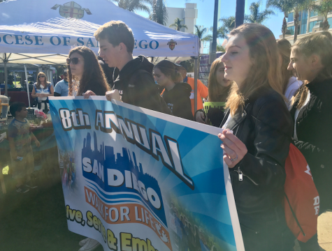Cecilia Bacich ‘20, Anthony Graf ‘22, and Emily Rotunda ‘20 (left to right) hold the banner to lead the 8th Annual San Diego Walk for Life, which approximately 4,500 people attended, in order to advocate for the rights of the unborn. 