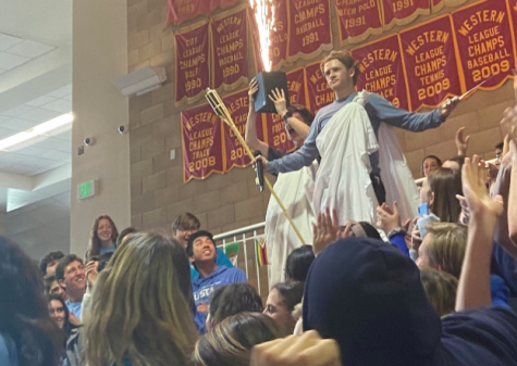 Adam Leclair ‘20, member of Associated Student Body (ASB), parts the student body and poses in celebration of the CCHS Winter sports rally. The loud display, a tradition senior classes have had for years at CCHS, also fostered a shirtless Merrick McCadden ‘20 and a rumbling cheer. 