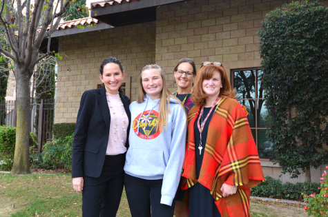Courtney Ralph stands alongside Ms. Marlena Conroy, Principal,Ms. Sara Rhodes, ASB, and Ms. Stacy Wells, Dean of Mission & Ministry. Ms. Wells describes Courtney as one of our most kind-hearted, genuine, respectful students.