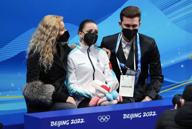 BEIJING, CHINA - FEBRUARY 17: Kamila Valieva of Team ROC cries after the Women Single Skating Free Skating on day thirteen of the Beijing 2022 Winter Olympic Games at Capital Indoor Stadium on February 17, 2022 in Beijing, China. (Photo by Xavier Laine/Getty Images)