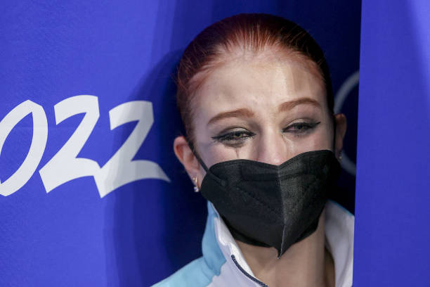 BEIJING, CHINA - FEBRUARY 17: Alexandra Trusova of ROC cries ahead of the Women Single Skating Free Skating on the Beijing 2022 Winter Olympic Games in Beijing, China on February 17, 2022. (Photo by Nikolay Muratkin/Anadolu Agency via Getty Images)