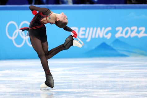 BEIJING, CHINA - FEBRUARY 07: Kamila Valieva of Team ROC skates during the Women Single Skating Free Skating Team Event on day three of the Beijing 2022 Winter Olympic Games at Capital Indoor Stadium on February 07, 2022 in Beijing, China. (Photo by Lintao Zhang/Getty Images)
