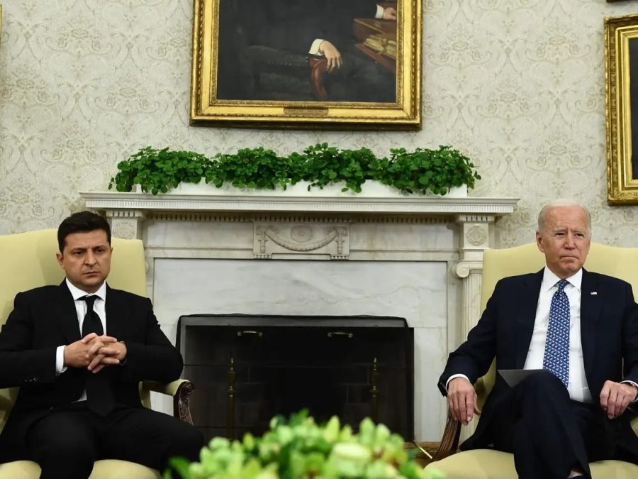  President Biden (right) pictured with Ukrainian President Zelensky. Biden has so far rebuffed Zelensky’s requests for a no-fly zone over his nation. 