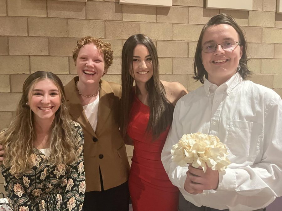 After the show, from left Grace Naughton ‘25, Yvonne Stenehjem ‘25, Skyla Rose ‘24 and William Scarvie ‘23 meet up together to wrap up the fun night!  All four sang throughout the Disney themed cabaret.