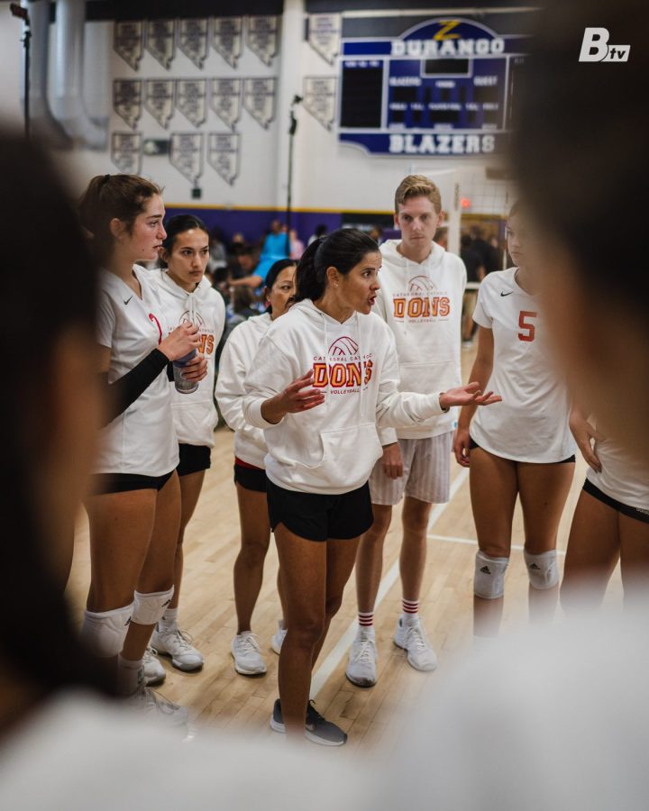 Pictured: Head Coach Julianna Evens-Conn. Speaking to the Lady Dons during a time out at the Durango Fall Classic.