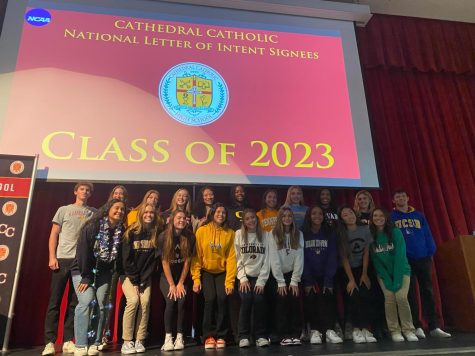 NLI Early Signing Day at Cathedral Catholic. Class of 2023 signees included the following sports: volleyball, soccer, crew, waterpolo, baseball, lacrosse, track and field, and field hockey.