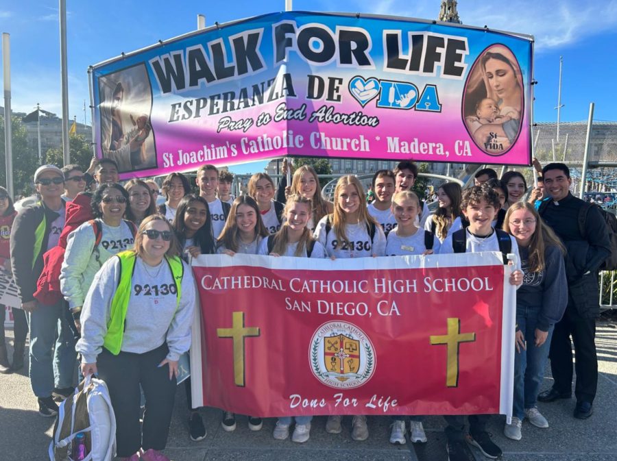 Students and teachers from Cathedral Catholic attend the Walk For Life. Here, they pray for mothers, children, and the souls who have lost their dignity.