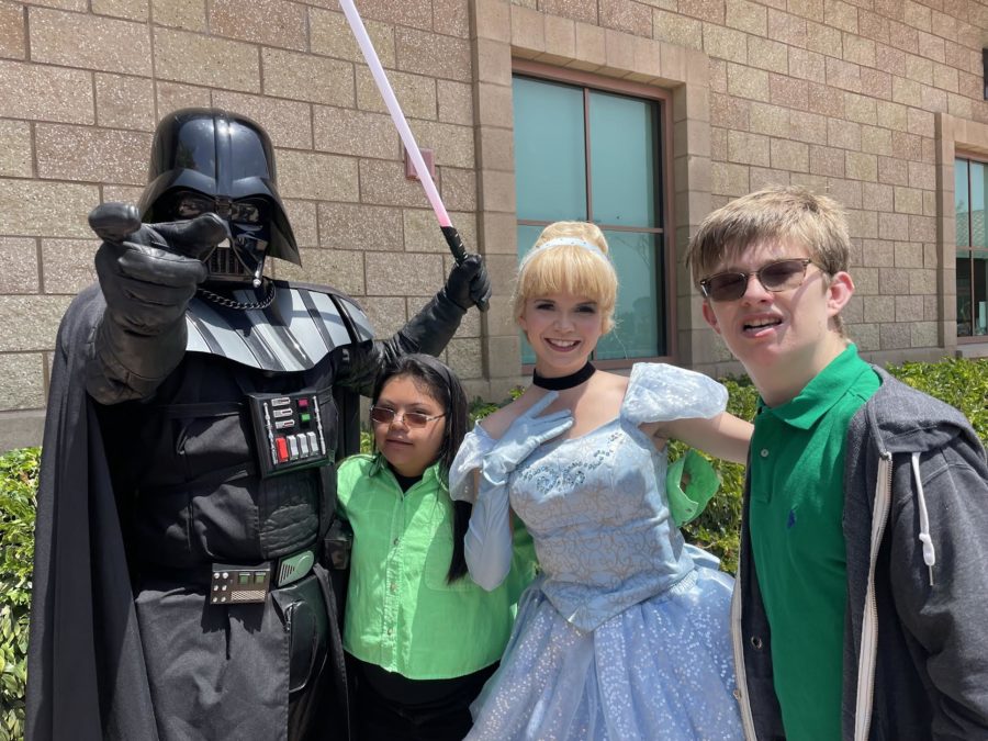 CCHS Students Aubrey Alido and Ebin Lanfried pictured with Darth Vader and Cinderella. ASB and the Options Program were both so happy to make these students wishes come true.