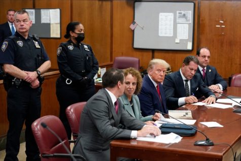 Picture of Donald Trump in court over trials of indictment. This is the first time in American history a former President has ever been indicted.