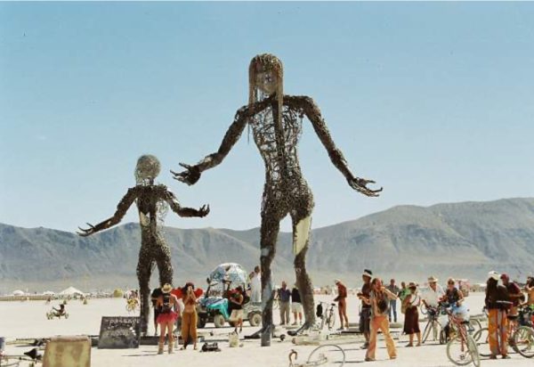 The Burning Man figure in Black Rock Desert, Nevada. The act of burning the figure is symbolic of the rejection of corporatism and celebration of nature. This years figure measured 40 feet in height.
