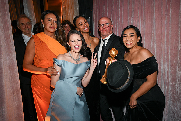 Karla Sofía Gascón, Selena Gomez, Zoe Saldana, Jacques Audiard, Adriana Paz at the 82nd Annual Golden Globes held at The Beverly Hilton on January 05, 2025 in Beverly Hills, California. 

Photo by Michael Buckner/GG2025/Penske Media via Getty Images