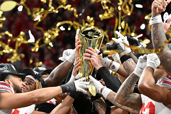 ATLANTA, GEORGIA - JANUARY 20: The Ohio State Buckeyes celebrate with the trophy after beating the Notre Dame Fighting Irish 34-23 in the 2025 CFP National Championship at the Mercedes-Benz Stadium on January 20, 2025 in Atlanta, Georgia. 

Photo by Paras Griffin via Getty Images)