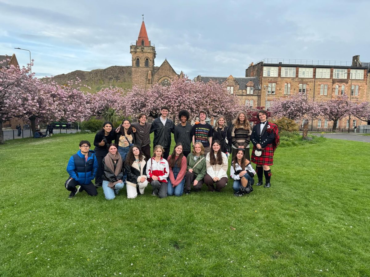 Our last day in Scotland in the famous cherry blossoms in Edinburgh Garden. Bailey is wearing his famous Scottish kilt, as a way of celebrating his family Scottish heritage, coming from a famous clan, donning the garments of his ancestors. There’s me next to the right of Bella in the blue ski jacket, obviously looking tired after a long nine day journey to the UK that I have wanted to see since my days of watching The Crown on Netflix.