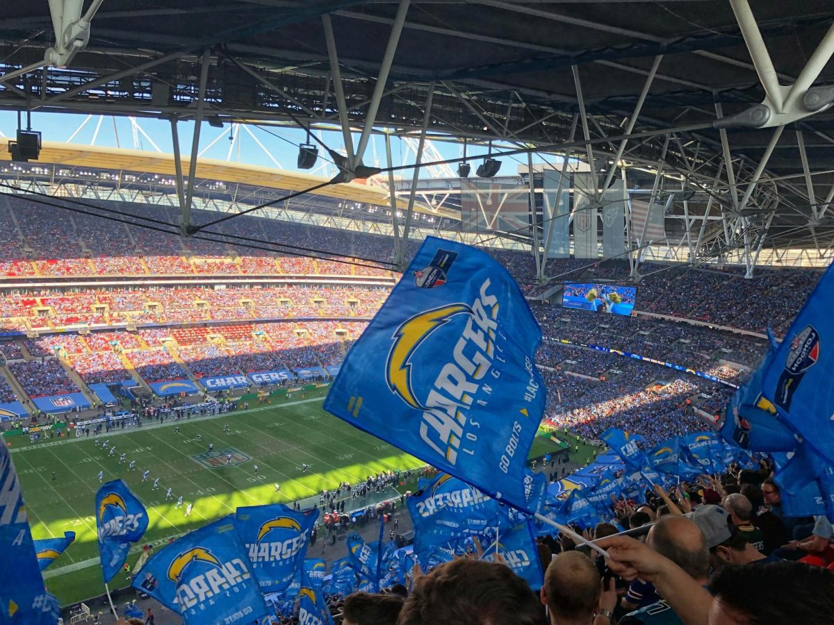 Chargers fans in the UK cheer on their favorite players at Wembley Stadium.