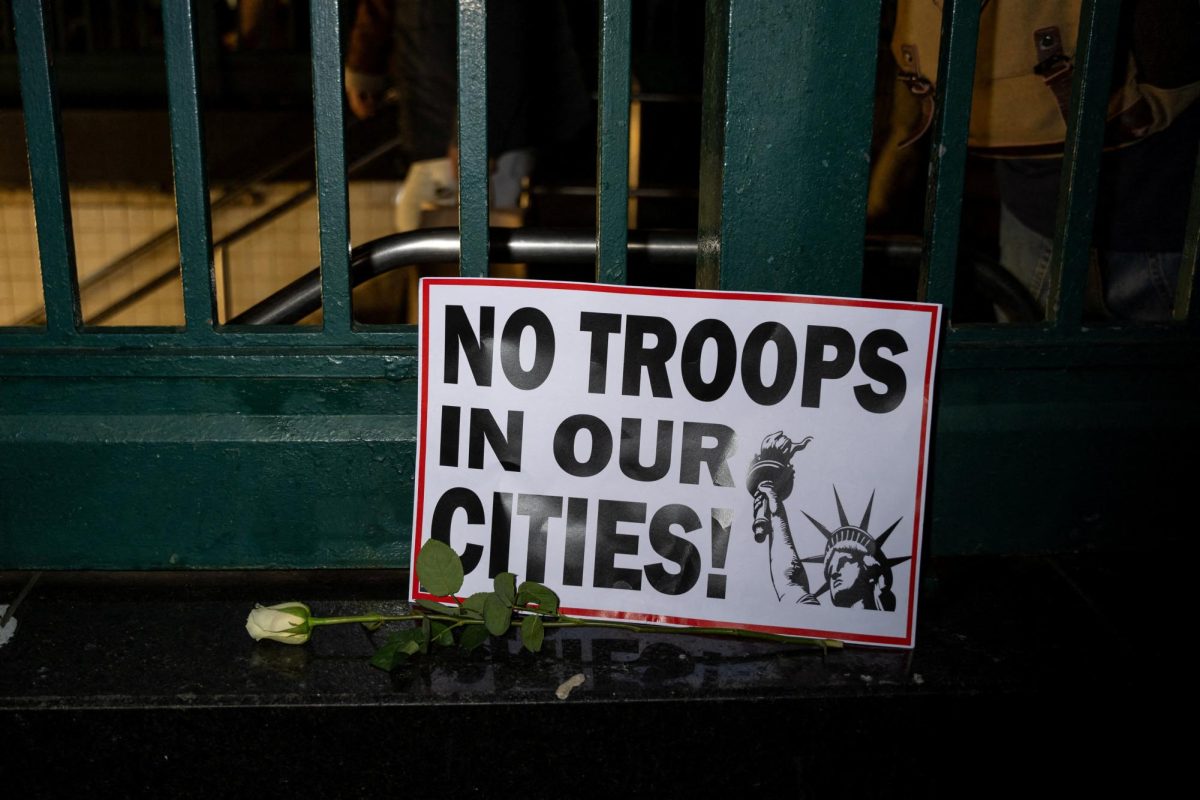 A sign from a protest in New York City against Immigration Customs Enforcement (ICE), after an immigration agent shot and killed 37-year-old Renee Good in her car in Minneapolis.